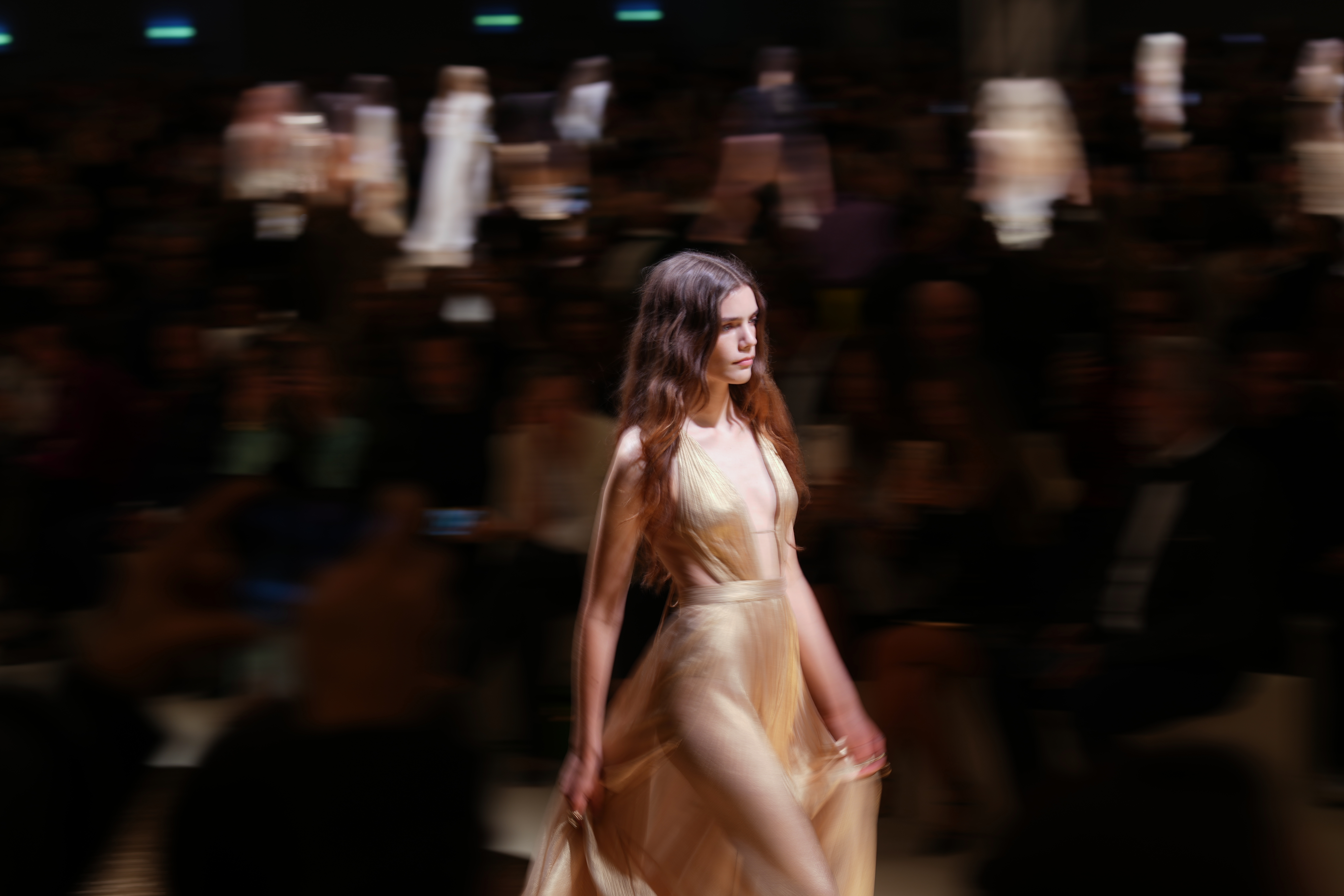 A model wears a creation as part of the Roberto Cavalli SpringSummer 2026 collection presented in, in Milan, Thursday, Sept. 25, 2025. (AP)